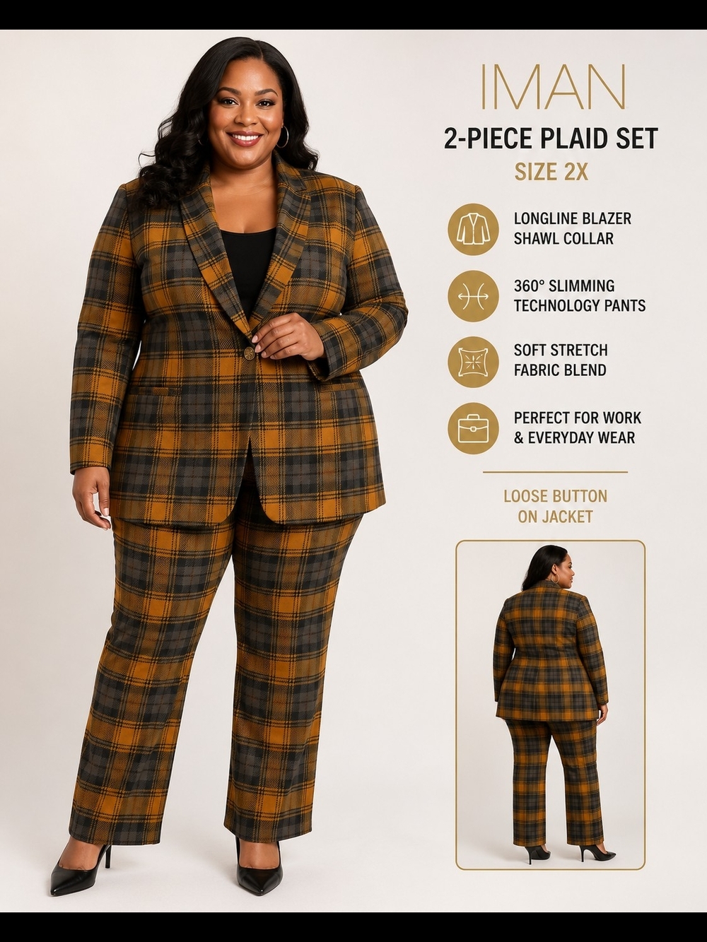 IMAN 2X Plaid Blazer & Pants Set Brown Gold 360 Slimming Technology NWT